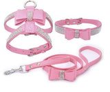 Adjustable Leather Harness With Buckle Rhinestone Soft Pet Collar 3-Piece Set